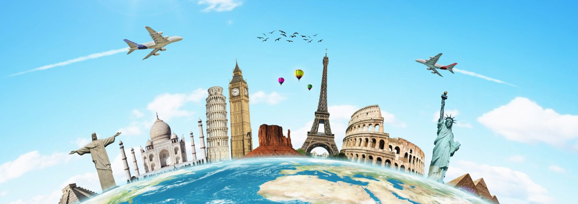 Global travel landmarks representing travel agency transportation Houston TX